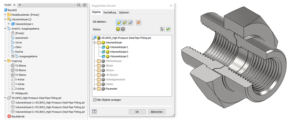 Ableiten eines Bauteils und modelliertes Gewinde in einem importierten 3D-Modell